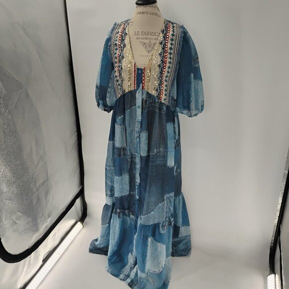 LONG DRESS WITH THREE QUARTER SLEEVES IMITATION DENIM PATCHES WITH SEQUIN - Picture 10 of 13